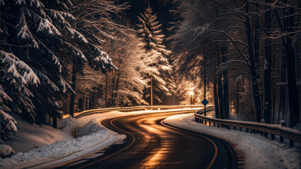 Wall Mural - snow-covered road winding through a quiet forest at night with glowing streetlights