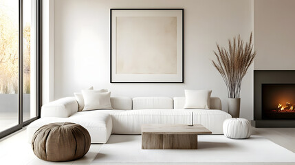 Wall Mural - Pouf and side table near white sofa against fireplace and white wall with poster frame. Minimalist interior design of modern living room, home.