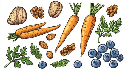 Colorful carrots, delicious nuts, and fresh blueberries are showcased in a playful arrangement, promoting healthy eating and nutrition