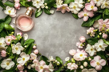 Elegant perfume bottle surrounded fresh spring flowers on textured background