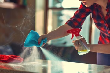 Wall Mural - Housewife is cleaning the house, wiping dust from the furniture with a rag and spray. Household chores Housewife is cleaning the house, wiping dust from the furniture with a rag and spray. Household c