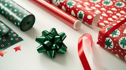 A colorful selection of Christmas wrapping paper and a decorative bow arranged on a surface, ready for gift wrapping during the holidays