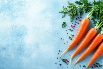 Wall Mural - Fresh carrots with parsley peppercorns on blue background