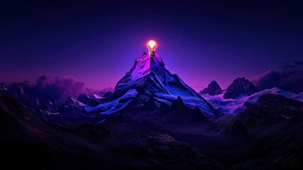 A mystical mountain landscape illuminated by a glowing peak, surrounded by darkened valleys and surreal colors.