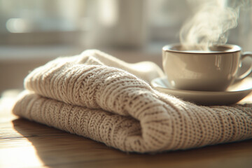 warm cup of coffee on a cozy blanket