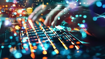 Hands typing on a backlit keyboard with data and code streaming in the background, suggesting innovative software development and programming concepts