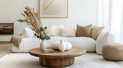 Wall Mural - Round wood coffee table against white sofa. Scandinavian home interior design of modern living room.