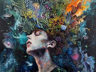 Poster - Surreal Portrait with Coral Reef Hair: A Dreamlike Exploration of Nature and Imagination