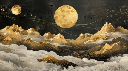 Golden mountains, river, full moon, stars. Luxury landscape wallpaper design with glitter texture on black background.