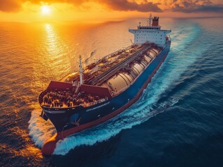  A large cargo ship sails majestically across the ocean, bathed in the warm glow of the setting sun. 