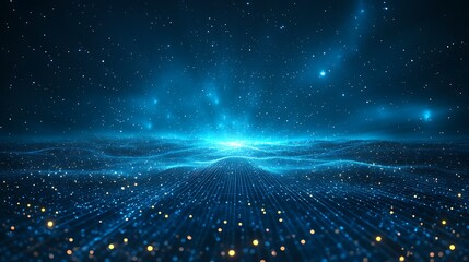 a stunning digital rendering of a starry night sky with glowing blue particles and a cosmic landscap