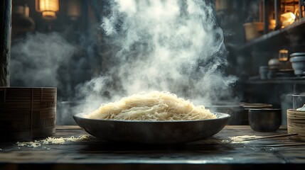 3D Rendering of Handcrafted Chinese Noodle Dish with Rustic Kitchen Setting