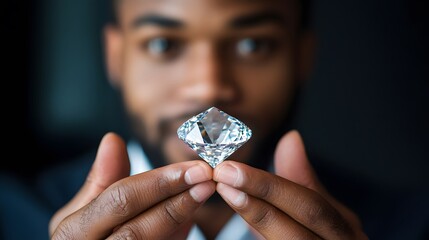 Wall Mural - A confident executive holding a sparkling diamond between his fingers, the gemstone reflecting light as he presents it with authority against a neutral background. 