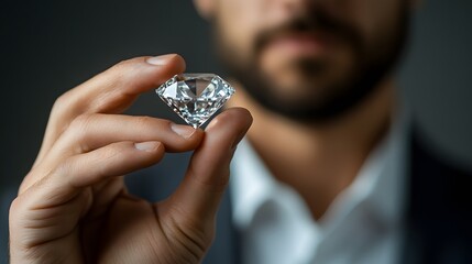 Wall Mural - A confident executive holding a sparkling diamond between his fingers, the gemstone reflecting light as he presents it with authority against a neutral background. 