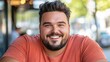 © JP STUDIO LAB - A plus-size man on a date, sitting at a cozy cafe, engaging in a lively conversation with a smile on his face, copy space