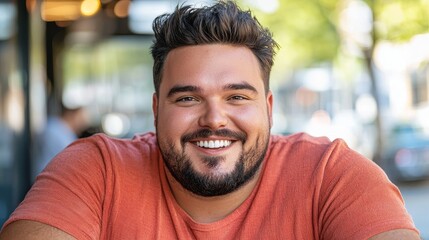 A plus-size man on a date, sitting at a cozy cafe, engaging in a lively conversation with a smile on his face, copy space