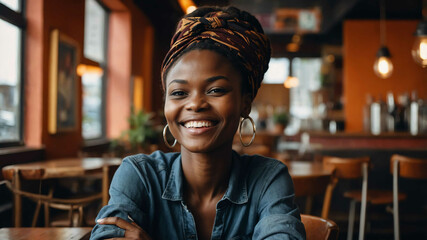 Sticker - adult african girl cafe restaurant background portrait shot