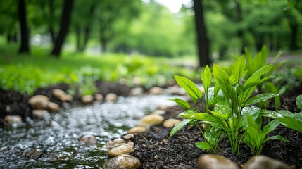 a rain garden in a city park, designed to manage stormwater while supporting native plant species