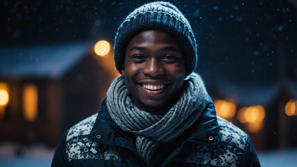 Wall Mural - adult african boy winter night background portrait shot