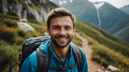 Wall Mural - adult caucasian boy hiking trail background portrait shot