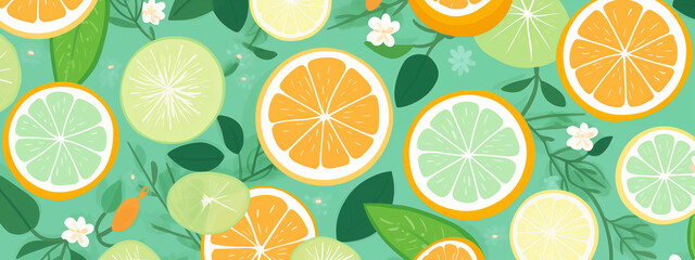 Poster - Citrus Fruit Slices And Leaves Pattern With Orange Lemon And Green Lime