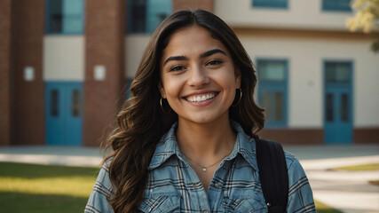 Wall Mural - adult hispanic girl school campus background portrait shot