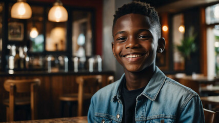 Wall Mural - charming teen african boy cafe restaurant background portrait shot