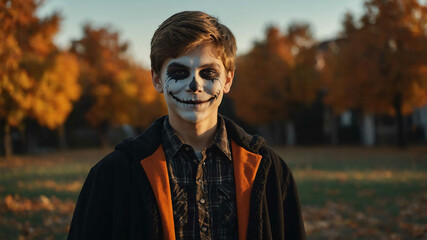 charming teen caucasian boy halloween theme background portrait shot