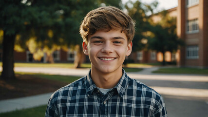 Wall Mural - charming teen caucasian boy school campus background portrait shot