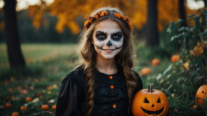 Wall Mural - charming teen caucasian girl halloween theme backgroun background portrait shot