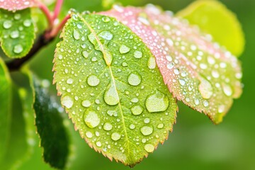 Fresh dew drops on vibrant green leaves in nature