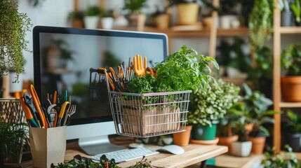 A close-up of a computer screen with an online shopping cart filled with garden tools and plants, green thumb