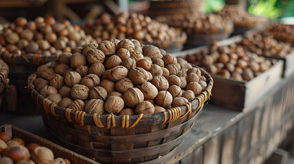 A group of baskets of walnuts on a table.