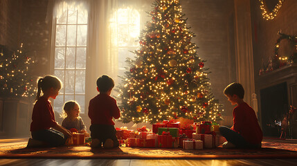 Wall Mural - A family of four sits on the floor in front of a Christmas tree, surrounded by presents. Scene is warm and festive, as the family enjoys the holiday season together