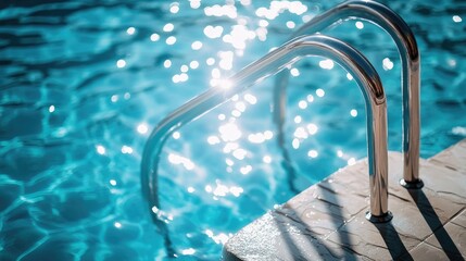 A close-up of a pool ladder, with water reflecting the sun and creating a shimmering, inviting look