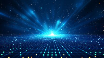 Futuristic digital background with glowing light and particles, representing technology and innovation in a blue space setting.