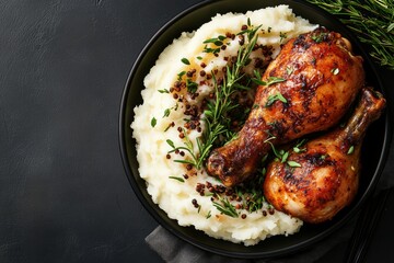 Wall Mural - Roasted chicken with mashed potatoes herbs on black plate