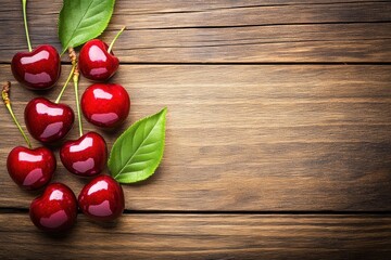 Wall Mural - Juicy red cherries on rustic wooden background