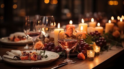 Elegant and select wedding decoration restaurant table Wine Glass and appetizers, on the bar table Soft light and romantic atmosphere dinner service menue guests candle