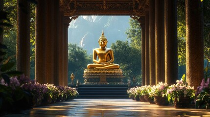 Wall Mural - A golden Buddha statue framed by ancient temple columns and a peaceful garden, creating a harmonious and spiritual scene