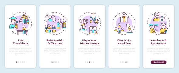 Wall Mural - Causes of loneliness onboarding mobile app screen. Walkthrough 5 steps editable graphic instructions with linear concepts. UI, UX, GUI template. Montserrat SemiBold, Regular fonts used