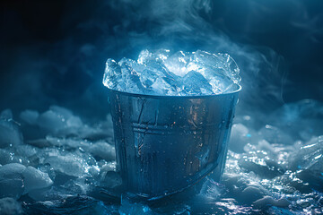  A clear bucket filled with ice cubes, glistening under soft light, showcasing the refreshing chill of the contents inside.