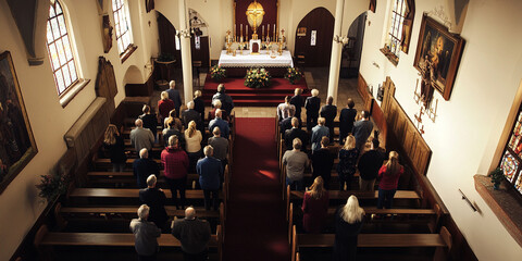 Wall Mural - Church with praying people. For Christian publications