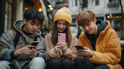 Wall Mural - Three young friends enjoying a cozy afternoon in a city café while using their smartphones during a chilly season