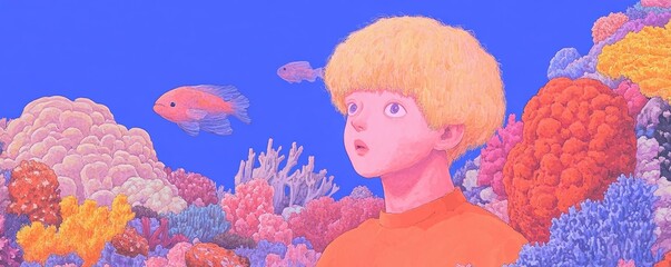 A whimsical underwater scene with a young person surrounded by vibrant coral and colorful fish, evoking wonder and curiosity. wallpaper background.