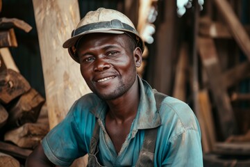 Close-up of a happy male construction worker wearing a hard hat at a worksite