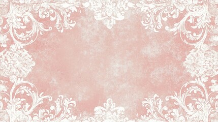 Wall Mural - A classic European wallpaper featuring a soft, powdery pink background with delicate white damask patterns along the edges. The damask design frames a large blank space in the center, ideal for