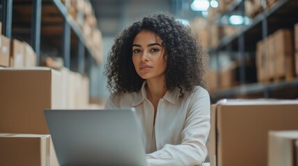 Wall Mural - Middle-aged entrepreneur woman in light warehouse setting