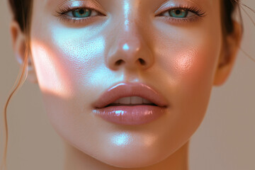 close up of attractive woman's face with glow skin