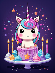 A unicorn is sitting on a cake with candles on it